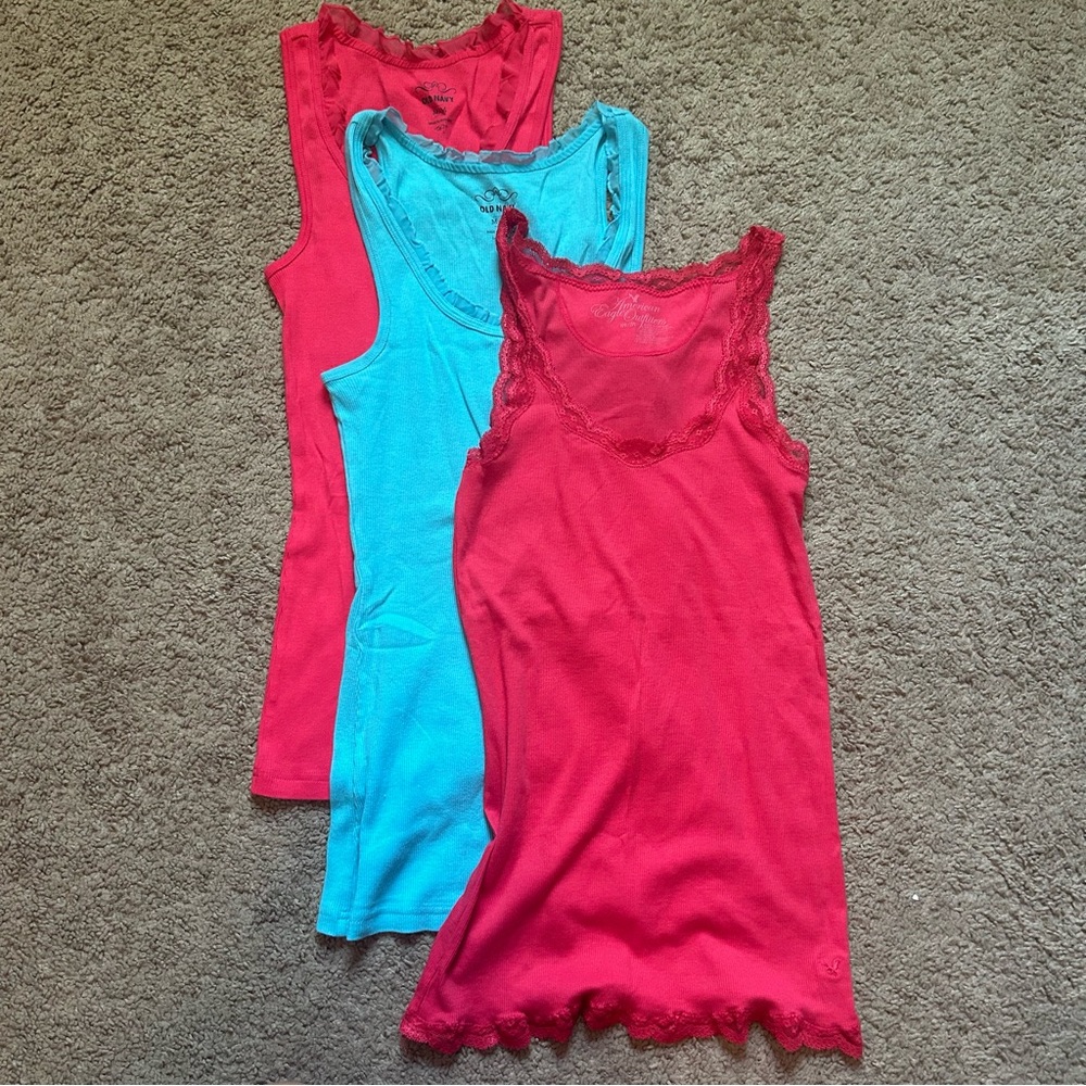 NWOT Bundle of Ruffle or Lace Trim Tank Tops Pink and Blue Medium